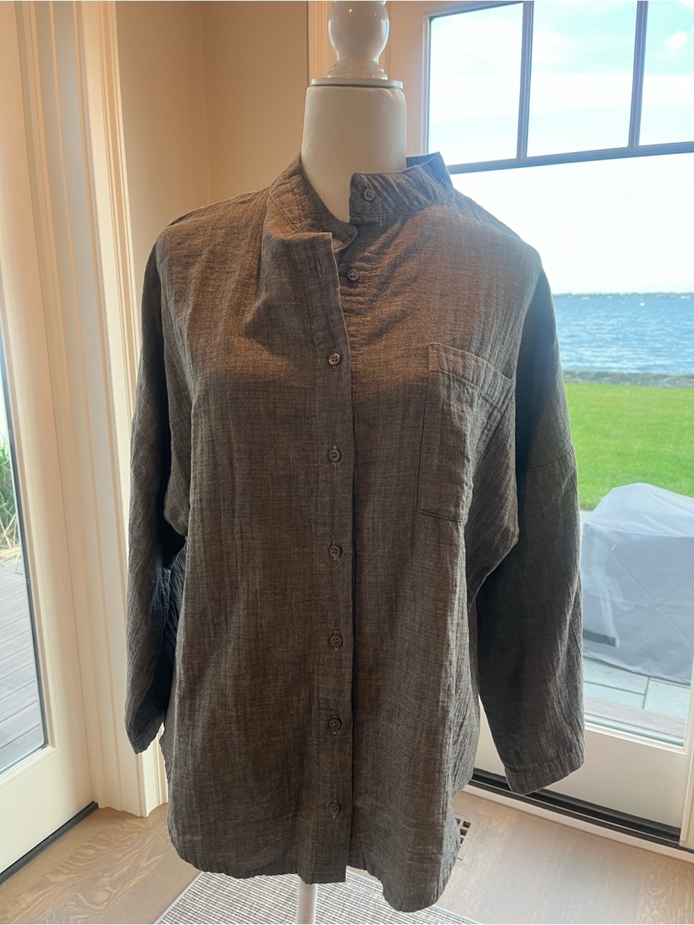 Relaxed mid  Gray Button-Down Shirt - jacket with stand up collar Women